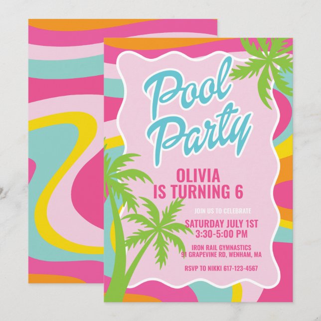 Invitación fiesta de cumpleaños con piscina de remolino de ma (Anverso / Reverso)