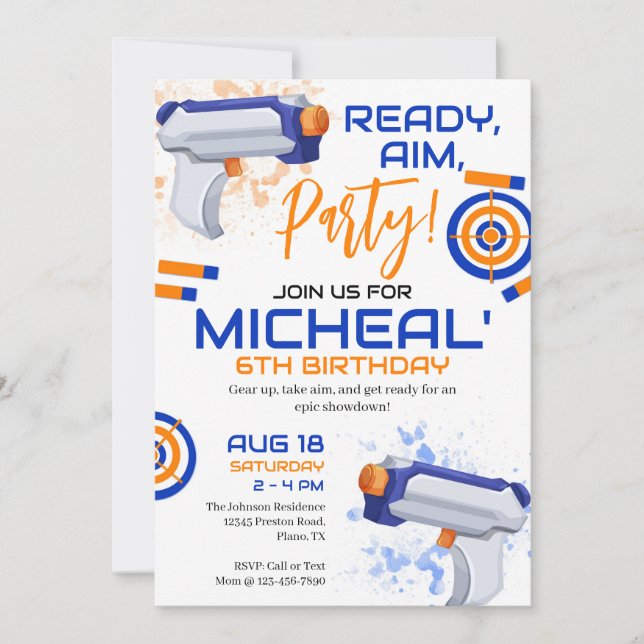 Invitación Fiesta de cumpleaños con pistola de dardos (Anverso)