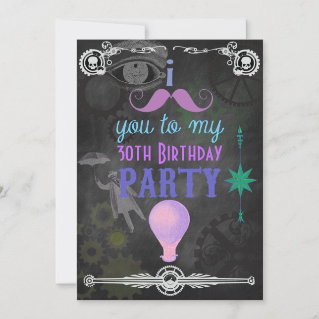 Invitación Fiesta de cumpleaños con pizarra Steampunk (Anverso)