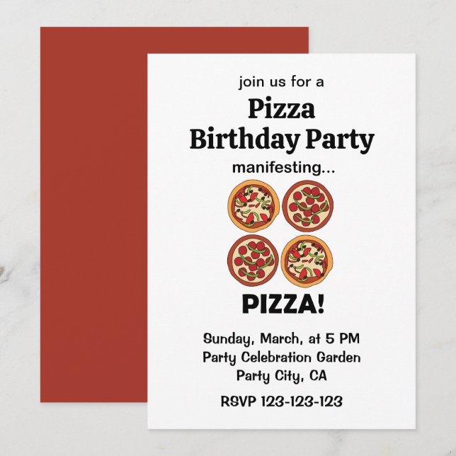 Invitación Fiesta de Cumpleaños con Pizza de Pepperoni Manife (Anverso / Reverso)