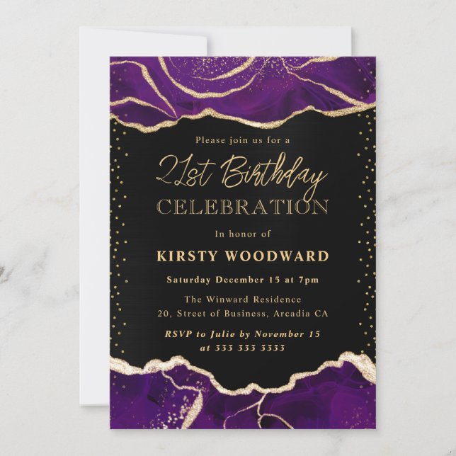 Invitación Fiesta de Cumpleaños con Purpurina de Ágata Morado (Anverso)