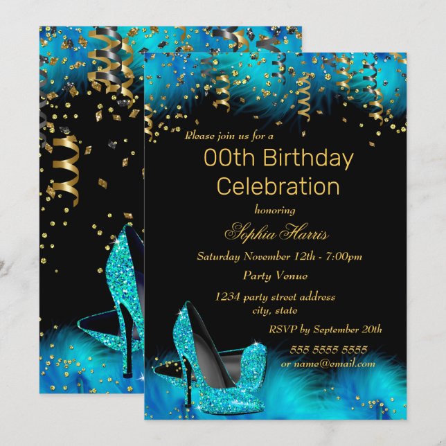 Invitación Fiesta de cumpleaños con purpurina de plumas dorad (Anverso / Reverso)