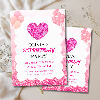 Invitación Fiesta de cumpleaños con purpurina rosa y globos