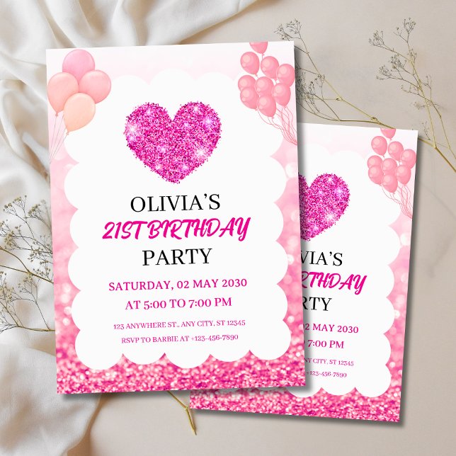 Invitación Fiesta de cumpleaños con purpurina rosa y globos (Pink Glitter & Balloons Birthday Party Invitation
)