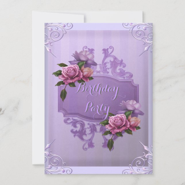 Invitación Fiesta de Cumpleaños con Raya de Rosa Lila Púrpura (Anverso)