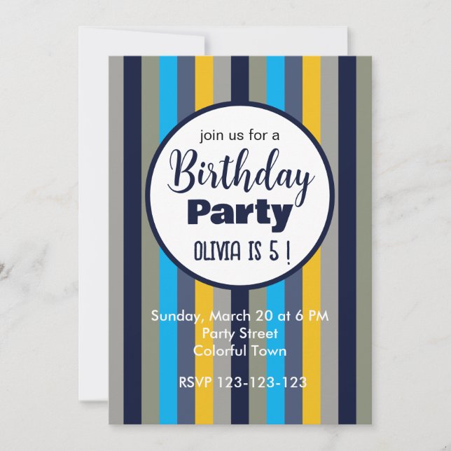 Invitación Fiesta de Cumpleaños con Rayas Coloridas (Anverso)