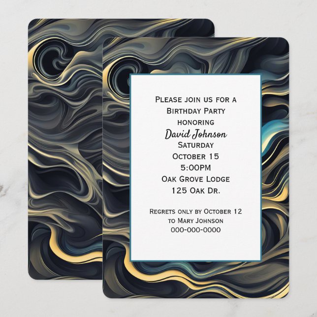 Invitación Fiesta de cumpleaños con resumen de oro y negro (Anverso / Reverso)