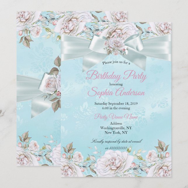 Invitación Fiesta de Cumpleaños con Rosas Florales Azules Tur (Anverso / Reverso)