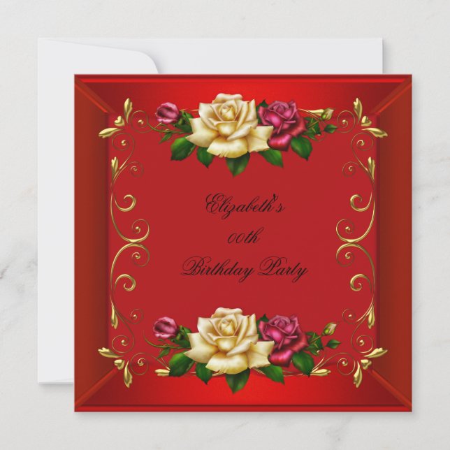 Invitación Fiesta de Cumpleaños con Rosas Rojas Doradas Elega (Anverso)