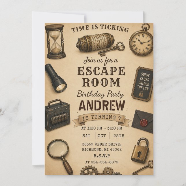 Invitación Fiesta de cumpleaños con sala de escape personaliz (Anverso)