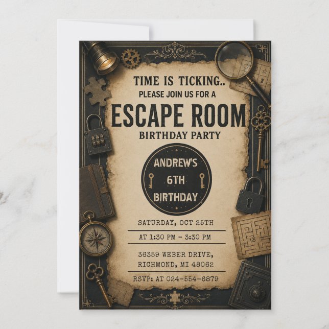 Invitación Fiesta de cumpleaños con sala de escape personaliz (Anverso)