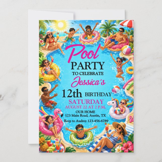 Invitación Fiesta de Cumpleaños con Salpicaduras de Verano Di (Anverso)