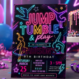 Invitación Fiesta de cumpleaños con salto y voltereta de neón