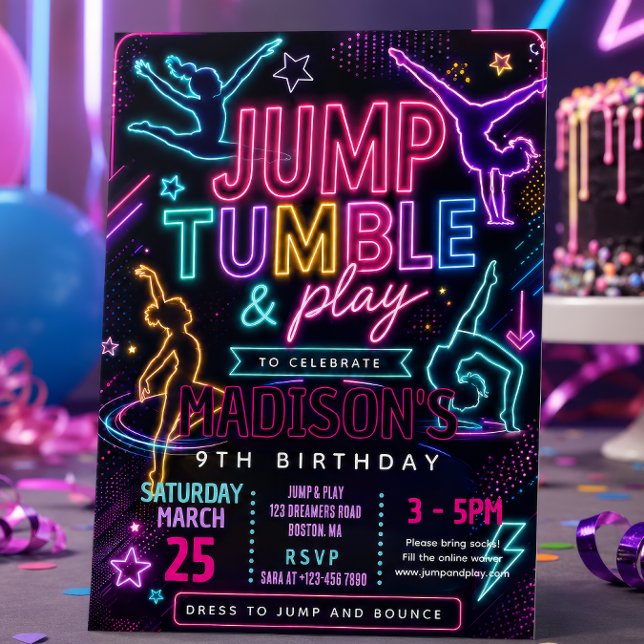 Invitación Fiesta de cumpleaños con salto y voltereta de neón (Subido por el creador)