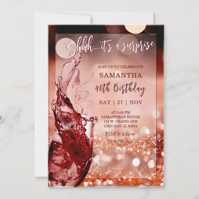 Invitación Fiesta de cumpleaños con sorpresa de oro de Rosa (Anverso)