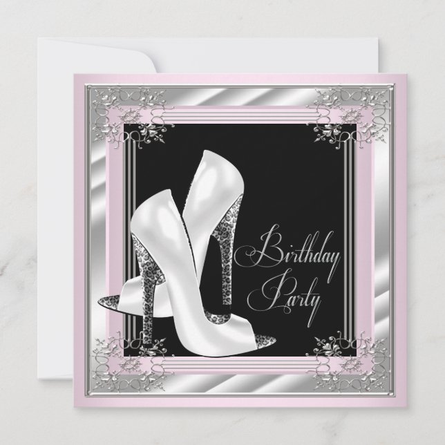 Invitación Fiesta de Cumpleaños con Tacones Altos Rosados (Anverso)