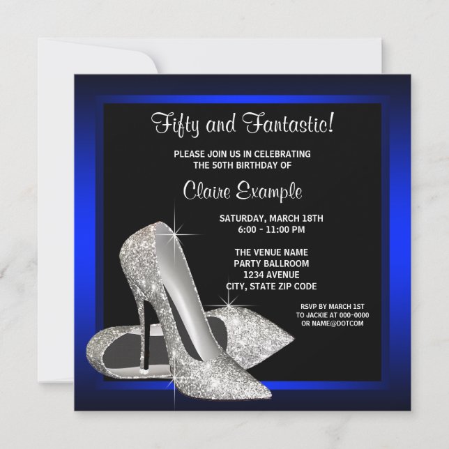 Invitación Fiesta de Cumpleaños con Tacones Azules Reales (Anverso)