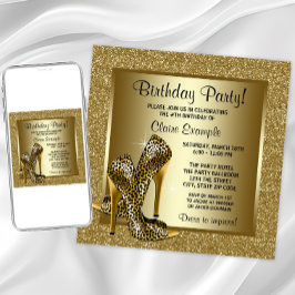 Invitación Fiesta de Cumpleaños con Tacones Leopard de Oro y 