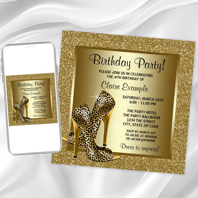 Invitación Fiesta de Cumpleaños con Tacones Leopard de Oro y  (Elegant gold leopard shoe any occasion invitation. Instant download & printed invitations available.)