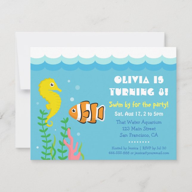 Invitación Fiesta de Cumpleaños con tema de Acuario Cute Unde (Anverso)