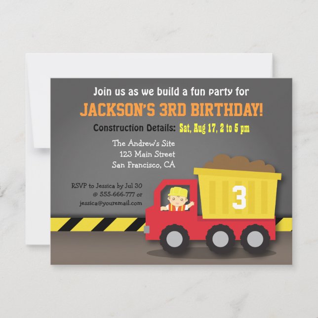 Invitación Fiesta de Cumpleaños con Tema de Camión de Volteo  (Anverso)