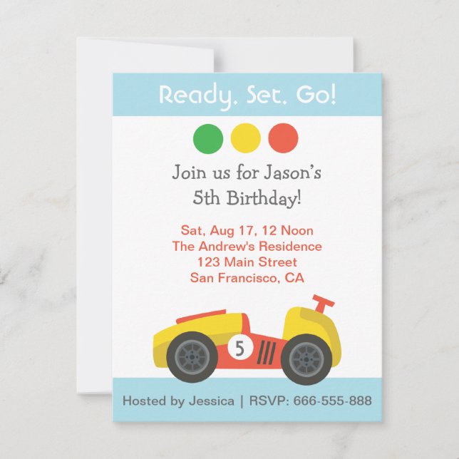 Invitación Fiesta de Cumpleaños con Tema de Carreras (Anverso)