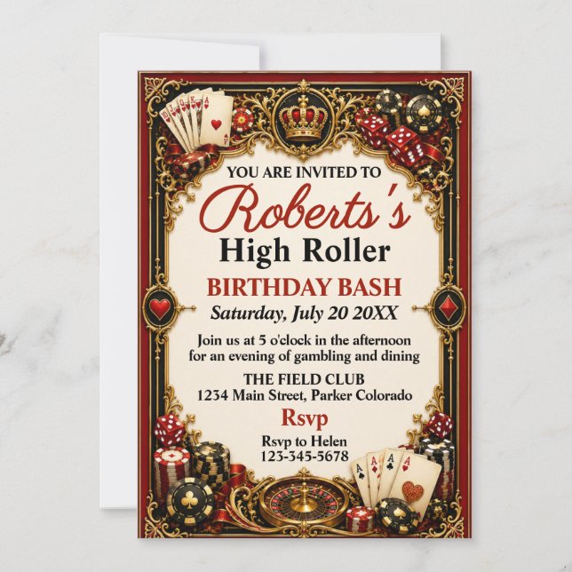 Invitación Fiesta de Cumpleaños con Tema de Casino Noche de V (Anverso)