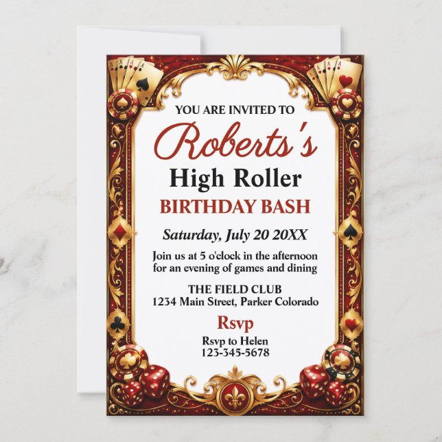 Invitación Fiesta de cumpleaños con tema de Casino Noche de V (Anverso)