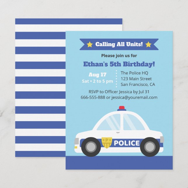 Invitación Fiesta de Cumpleaños con Tema de Coche de Policía (Anverso / Reverso)