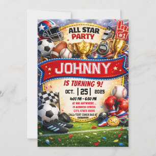 Invitación Fiesta de cumpleaños con tema de deportes All Star