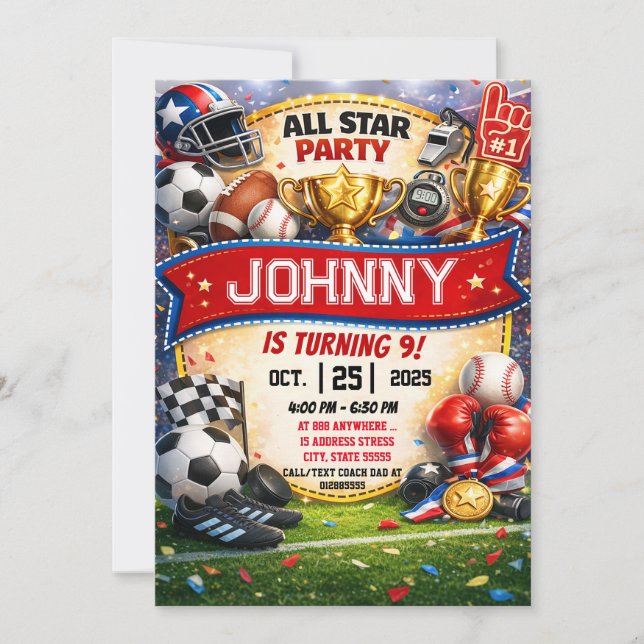 Invitación Fiesta de cumpleaños con tema de deportes All Star (Anverso)