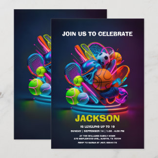 Invitación Fiesta de cumpleaños con tema de deportes neon