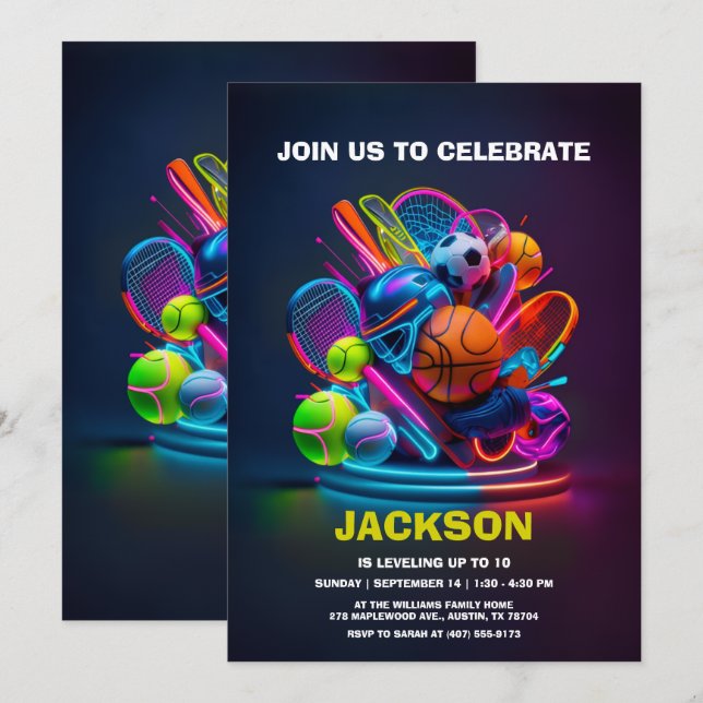 Invitación Fiesta de cumpleaños con tema de deportes neon (Anverso / Reverso)