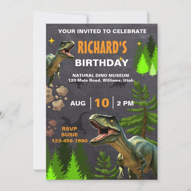 Invitación Fiesta de cumpleaños con tema de dinosaurio niño o (Anverso)