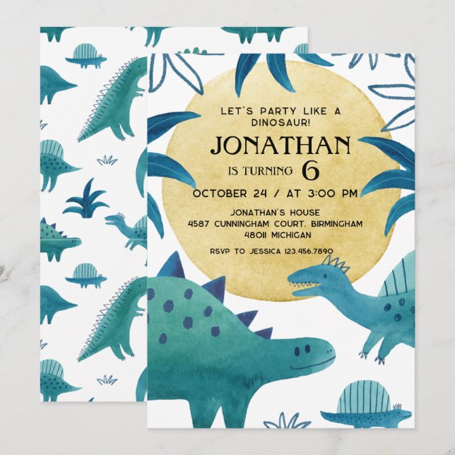 Invitación Fiesta de cumpleaños con tema de dinosaurios (Anverso / Reverso)