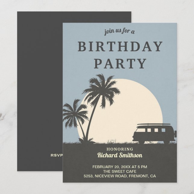 Invitación Fiesta de Cumpleaños con Tema de Furgoneta Tropica (Anverso / Reverso)