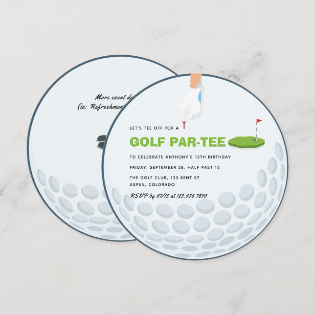 Invitación Fiesta de cumpleaños con tema de golf (Anverso / Reverso)