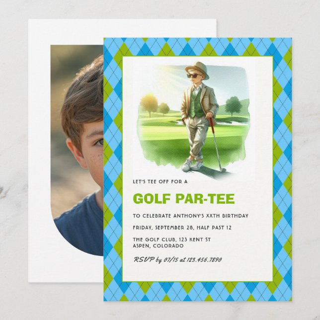 Invitación Fiesta de Cumpleaños con Tema de Golf para Niños G (Anverso / Reverso)