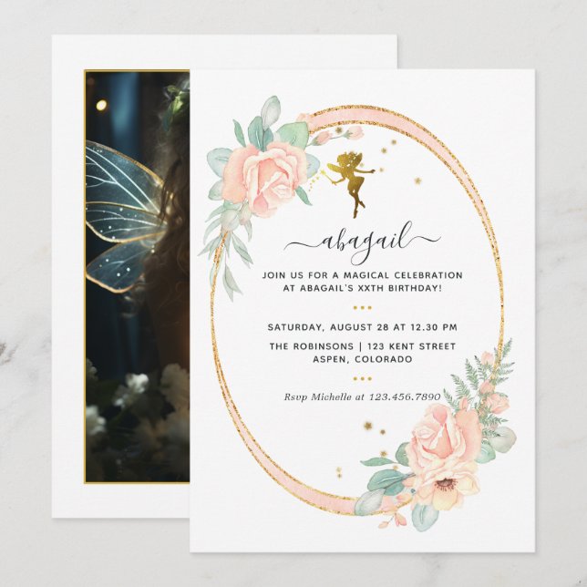 Invitación Fiesta de cumpleaños con tema de hadas con flores  (Anverso / Reverso)