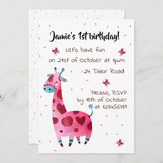 Invitación Fiesta de cumpleaños con tema de jirafa rosa (Anverso / Reverso)