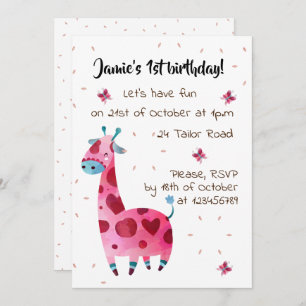 Invitación Fiesta de cumpleaños con tema de jirafa rosa