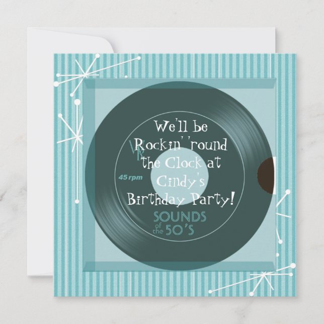 Invitación Fiesta de cumpleaños con tema de los años 50 (Anverso)