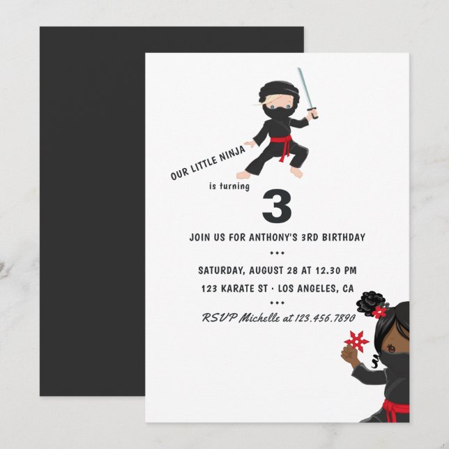 Invitación Fiesta de cumpleaños con tema de Ninja (Anverso / Reverso)