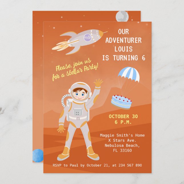 Invitación Fiesta de cumpleaños con tema de niño astronauta e (Anverso / Reverso)