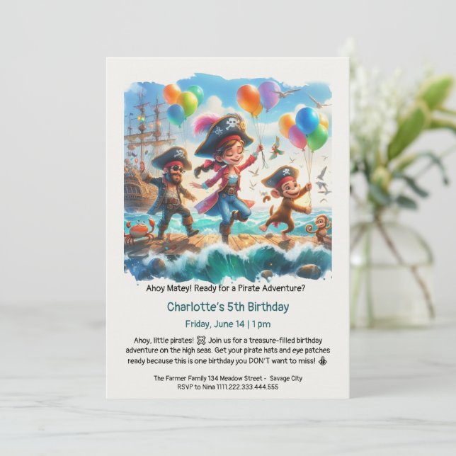 Invitación Fiesta de cumpleaños con tema de piratas (Anverso de pie)