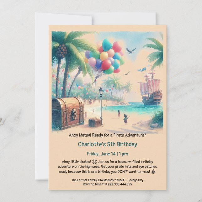 Invitación Fiesta de cumpleaños con tema de piratas (Anverso)
