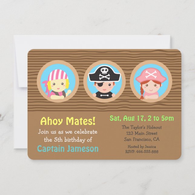 Invitación Fiesta de cumpleaños con tema de piratas divertido (Anverso)