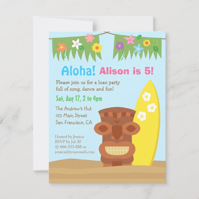 Invitación Fiesta de Cumpleaños con Tema de Playa Hawaii Tiki (Anverso)