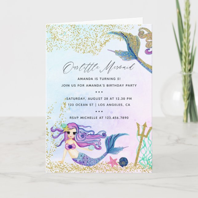 Invitación Fiesta de cumpleaños con tema de Sirena (Anverso)