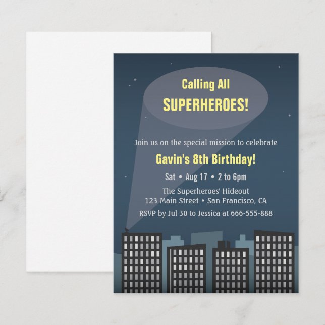 Invitación Fiesta de Cumpleaños con Tema de Superhéroes (Anverso / Reverso)